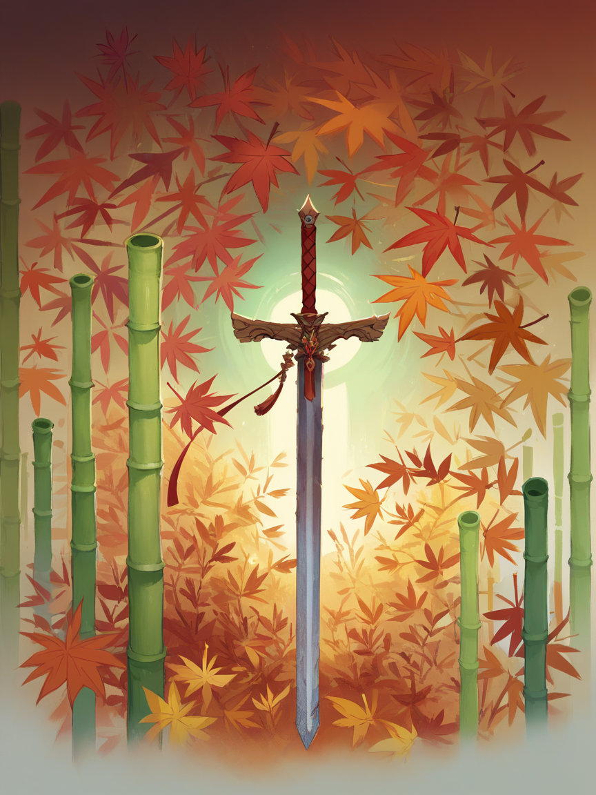 score_9, score_8_up, score_7_up, score_6_up, score_5_up,   <lora:kuriXLP:1> kuri, upper body, wide shot, bamboo, colorful, planted sword, still life, jewelry, autumn leaves, 1girl,