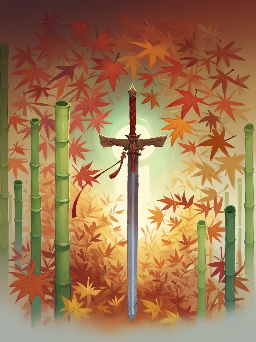 score_9, score_8_up, score_7_up, score_6_up, score_5_up, <lora:kuriXLP:1> kuri, upper body, wide shot, bamboo, colorful, planted sword, still life, jewelry, autumn leaves, 1girl,