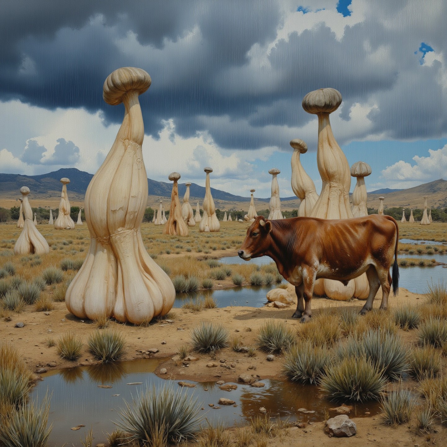 <lora:Florate Flux_v2_epoch_3:0.9> A hot Cuban stretched Surrealism photograph  of russet and bisque and slate blue scene with many pale bulbous organic shapes. rainy drought-stricken prairie landscape. Highland cow. People, animals and characters are elongated.