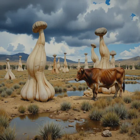 <lora:Florate Flux_v2_epoch_3:0.9> A hot Cuban stretched Surrealism photograph of russet and bisque and slate blue scene with many pale bulbous organic shapes. rainy drought-stricken prairie landscape. Highland cow. People, animals and characters are elongated.