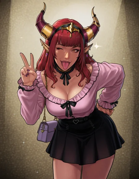 masterpiece, very aesthetic, thirstastic, dramatic lighting, black outline, pattern background, abstract background, sparkle
BREAK 1girl, alexstrasza, jirai kei, v sign, tongue out, leaning forward, handbag, holding phone, wink, hand on hip, smirk, playful
<lora:thirstastic_NAIXL_v10:1>