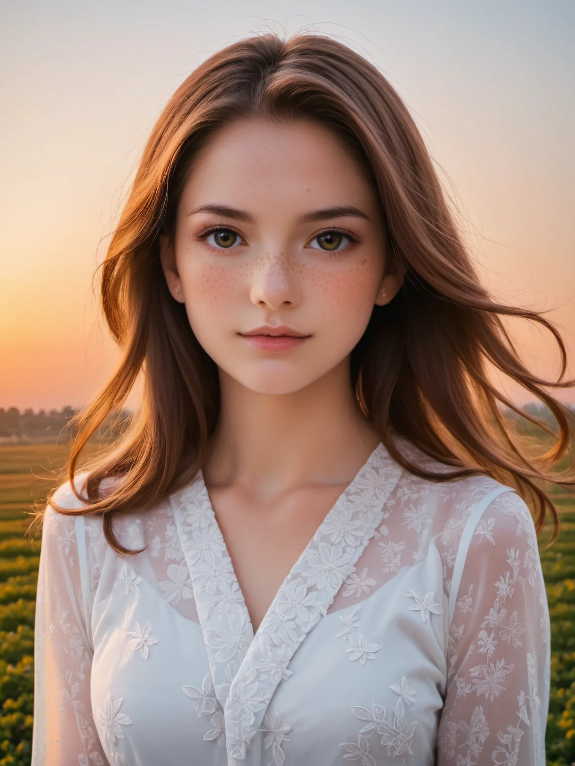 18 years old, score_9, score_8_up, score_8, 1girl, with freckles, in the vineyard, in a linen pants and white sexy shirt, tailor clothes, long flowing brown hair, fluttering in the wind, against the backdrop of picturesque vineyards, at sunset, with elements of surrealism and abstraction, dynamic lighting, beautiful composition, sharp focus, high detailed face, smooth, digital illustration, symmetry, photorealistic portrait of a woman, closeup photo, dramatic lighting, cinematic scene, highly detailed, elegant, epic wide shot, smooth, intricate, elegant, high contrast, pink tones, canon 5D Mark IV, photography <lora:Pony_DetailV2.0:1> <lora:pony_better freckles:1>