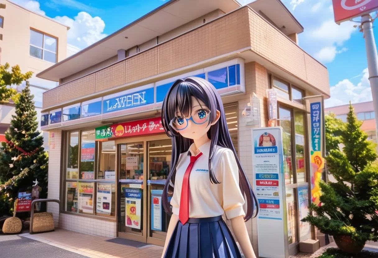 score_9, score_8_up, score_7_up, rating_safe, masterpiece, best quality, absurdres, unity 8k wallpaper, official art, official style, source_anime, uncensored, game cg, megami magazine,
1girl, solo, glasses, black hair, long hair, collared shirt, red necktie, pleated skirt, blue skirt, looking at viewer, blush, upper body,
lawson, konbini, scenery, storefront, scenery, shop, sky, cloud, outdoors, day, real world location, blue sky, building, road, sign, city, tree
<lora:lawson_storefront_PONY_V1:1>