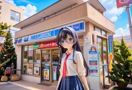 score_9, score_8_up, score_7_up, rating_safe, masterpiece, best quality, absurdres, unity 8k wallpaper, official art, official style, source_anime, uncensored, game cg, megami magazine,
1girl, solo, glasses, black hair, long hair, collared shirt, red necktie, pleated skirt, blue skirt, looking at viewer, blush, upper body,
lawson, konbini, scenery, storefront, scenery, shop, sky, cloud, outdoors, day, real world location, blue sky, building, road, sign, city, tree
<lora:lawson_storefront_PONY_V1:1>