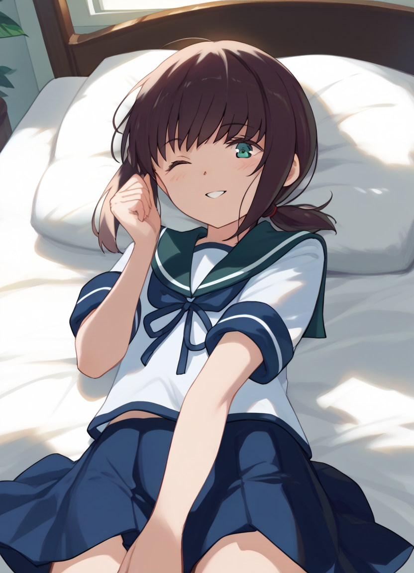 score_9, score_8_up, score_7_up, masterpiece, best quality, absurdres, official art, official style, (anime screencap, megami magazine:1.2), zPDXL2, zPDXLxxx, <lora:Shibafu_Style_Pony_v1:0.7>, 1girl, solo focus, shibafu_style, <lora:fubukiP-09:0.8>, fubukiKC, low ponytail, short ponytail,blue skirt, school uniform,serafuku, sailor collar, <lora:neg4all_bdsqlsz_xl_V91:1.0> <lora:ALTXL_pony_0061_8:2.0>, <lora:detailed_hands-000002:1>, hand bedroom, on bed, bed sheet, morning, dim lighting, light particles, on stomach, from above one eye closed, parted lips, smile, looking at viewer,
