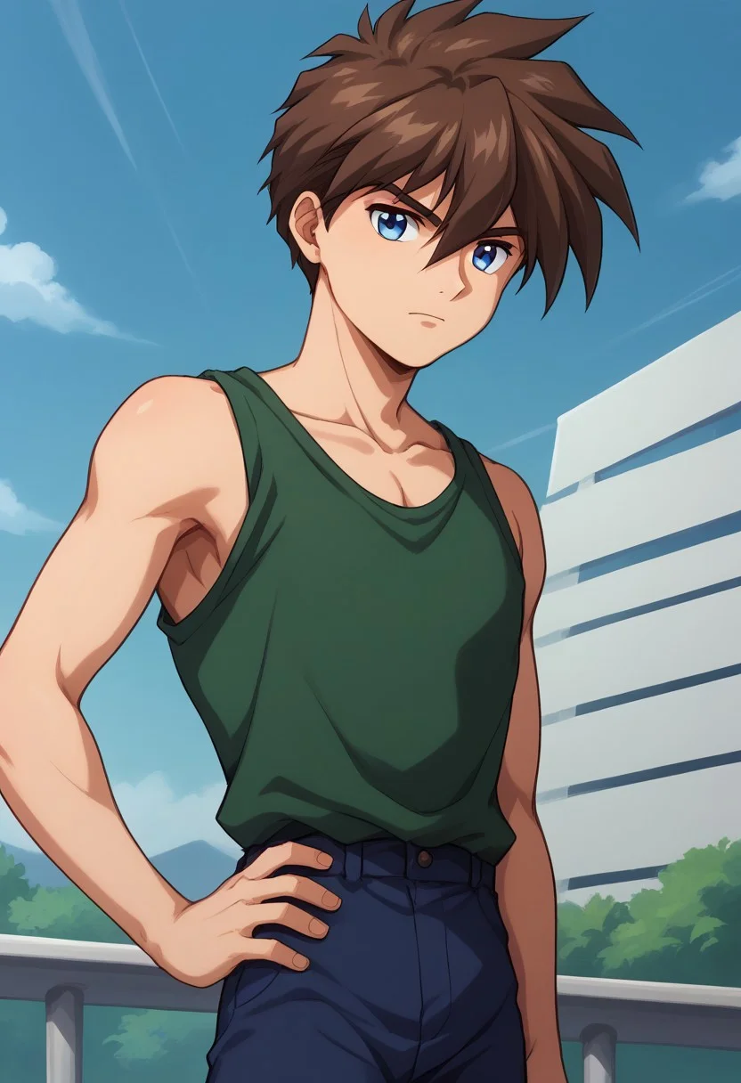 score_9, score_8_up, score_7_up, source_anime, highly detailed, 
heeroyui, 1boy, male focus, solo, brown hair, hand on hip, blue eyes, hair between eyes,
pants, collarbone, green shirt, closed mouth, shirt, tank top, blue eyes,
sleeveless, spiked hair, looking to the side, blue pants, sleeveless shirt,
outdoor, sky,
