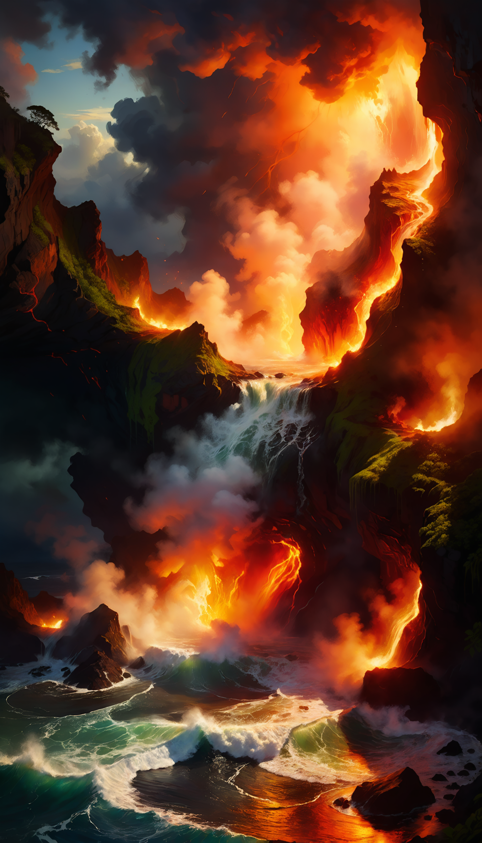 famous artwork by (maurice sapiro:1.4) and (adam elsheimer:1.2), beautiful painting of the hawaii volcanoes national park, fiery lava flows into the churning sea and creates billowing steam clouds, steaming craters, (lush green rainforests:1.1) atop a towering cliff overlooking the azure waters of the ocean, cascading waterfalls, (dramatic sky:1.2), raw volcanic power, force of nature, fiery, ovg, dramatic, scenic, awe-inspiring, crepuscular rays, ultra detailed, 8k, uhd <lora:add-detail-xl:2.4> <lora:more_artful-xl:0.6> <lora:lyco-style-envydramaticlightingxl01_digital_art-xl:0.8> <loractl:envybetterhiresfixxl01-xl:0.2:hr=1.0>