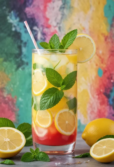 a photo of a colorful lemon mocktail can with mint leaves with an abstract background,