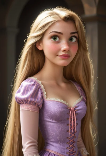 score_9, score_8_up, score_7_up, score_6_up, score_5_up, score_4_up, sexy girl,
1girl, Rapunzel, Disney, \(Tangled\)/,(ultra HD quality details), green eyes, large green eyes, brown eyelashes, blonde hair, straight hair, pale skin, very long hair, long hair, beautiful face, cute, pink lips, rosy cheeks, light freckles around her nose,
Dress, Dirndl, purple dress with a pink accent, lavender corset top, puffy sleeves, laced, pink ribbon, portrait,