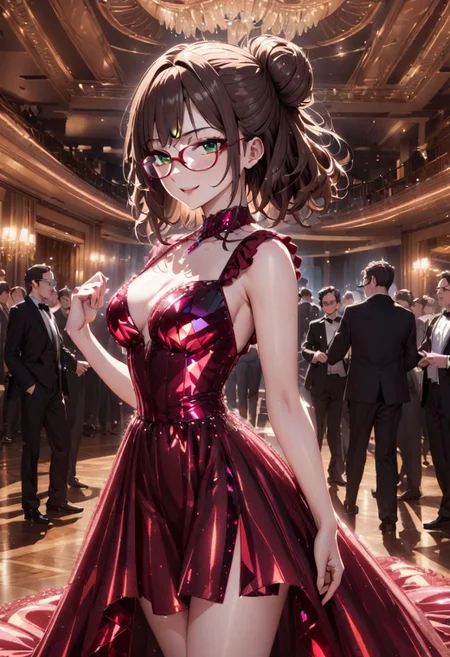 masterpiece, best quality, Ray tracing, hdr, volumetric lighting, highres, detailed background, men and women in background, evening, 1girl, solo, scenery, indoors, modern ballroom, pixiv, (very dark brown messy hair:1.4), green eyes, messy hair, hair bun, hair bangs, (glasses:1.6), zettai ryouiki, medium breasts, ruby red crystalline dress, dancing, naughty face