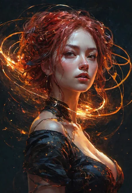 red sparkling elegant haired abstract beauty, centered, looking at the camera, approaching perfection, dynamic, moonlight, highly detailed, endowed, digital painting, artstation, concept art, smooth, sharp focus, illustration, art by Carne Griffiths and Wadim Kashin, red black and orange colors, busty