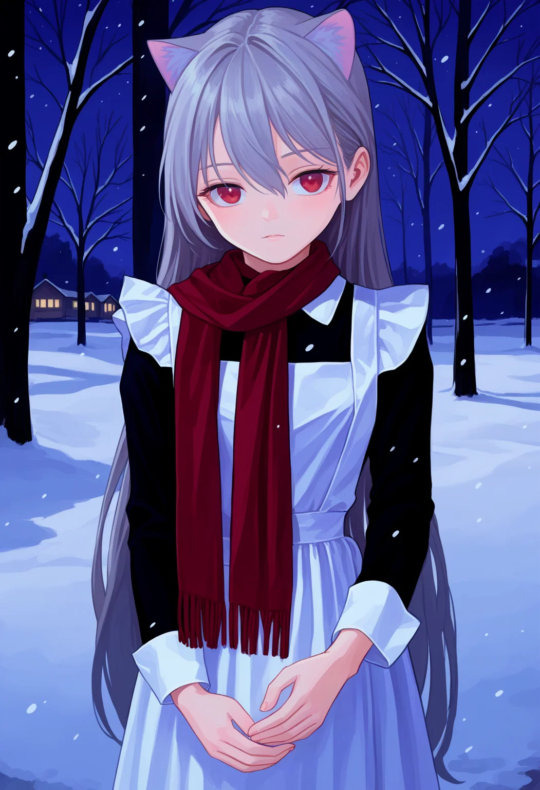 score_9, best quality, masterpiece, uncensored, source_anime
BREAK
1girl, animal ears, apron, artist name, bare tree, cat ears, grey hair, hair between eyes, long hair, looking at viewer, maid, maid apron, night, outdoors, red eyes, scarf, snowing, solo, tree, very long hair
<lora:fkey_pony_v1:1>