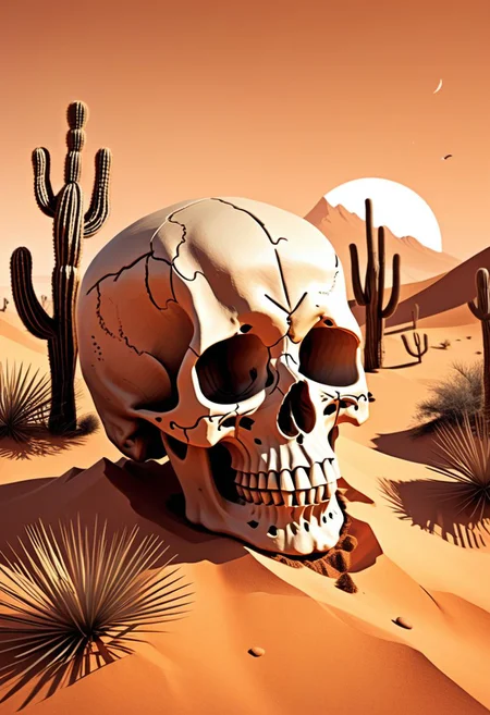 Award winning illustration of a skull in a desert
