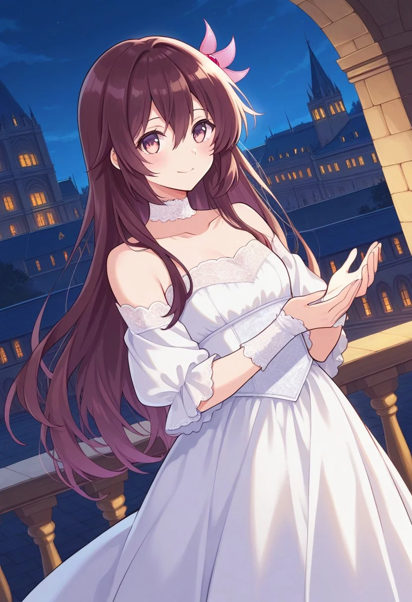 score_9_up, score_8_up, score_7_up, (Anime_source), masterpiece, volumetric lighting, vibrant colors, source_anime, perfectly detailed face and body and eye, high resolution, 1girl, solo, kisaragi, long hair, brown hair, brown eyes, purple eyes, kisaragi (kancolle), glancing at viewer, white dress, strapless dress, white lace choker, lace trim, long white lace-trimmed bracers, balcony, palace, night, medieval setting, cinematic, cowboy shot, dutch angle, perfecteyes, lineart, Perfect Hands, hdr, 8k wallpaper, ultra high quality, (extremely detailed cg), perfect lighting, (sharp image), komochi_artstyle, lineart