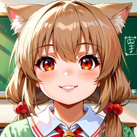 score_9, score_8_up, score_7_up, source_anime, BREAK 1girl, solo, korurichan, portrait, close-up, orangered eyes, looking at viewer, beautiful eyelashes, cat ears, animal ear fluff, parted lips, soft smile, fang, BREAK classroom <lora:KoruriChanPonyXL-V1:1>