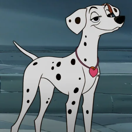 Perdita, 101 Dalmatians, Dog, Female dog, Cartoon, anthro_dog, Disney, facing to viewer, looking at camera, (((smug))), (((eyelashes))), (((no neckwear except pink heart necklace))), tough, solo, happy, smiling, flirty, feral, no background, quadruped, (standing), four paws, full body view