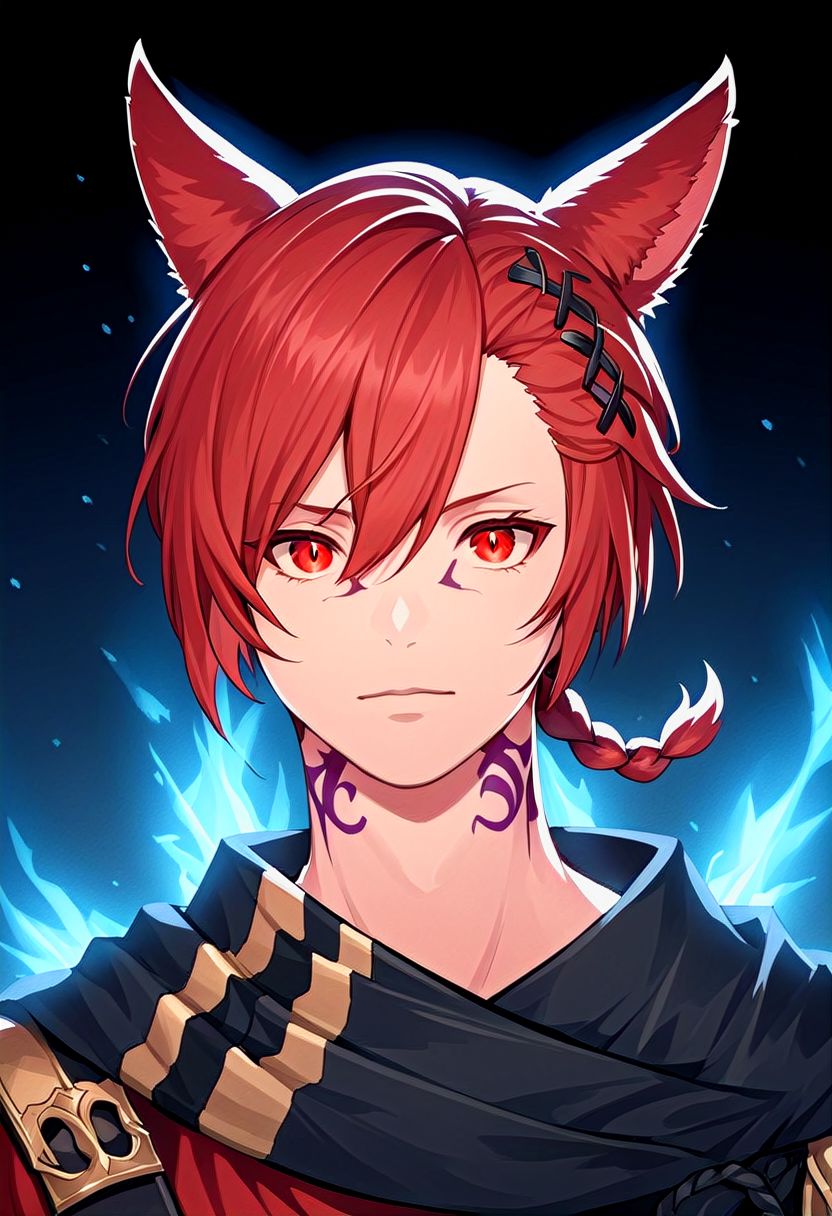 grahatiaffxivdsk, 1boy, male focus, solo, animal ears, red eyes, red hair, tattoo, miqo'te, neck tattoo, cat ears, looking at viewer, hair between eyes, facial mark, hair ornament, x hair ornament, bangs, holding, glowing, slit pupils, braid, short hair, portrait, jewelry, short ponytail, cinematic angle, cinematic lighting, best anatomy, official art, masterpiece, best quality