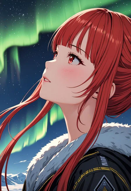 (((masterpiece))),(best quality),4K masterpiece,((ultra-detailed)),highly detailed,detailed shadow,
gold northern lights,closeup of sky, vibrant, highly detailed,1 girl, red hair,twintails