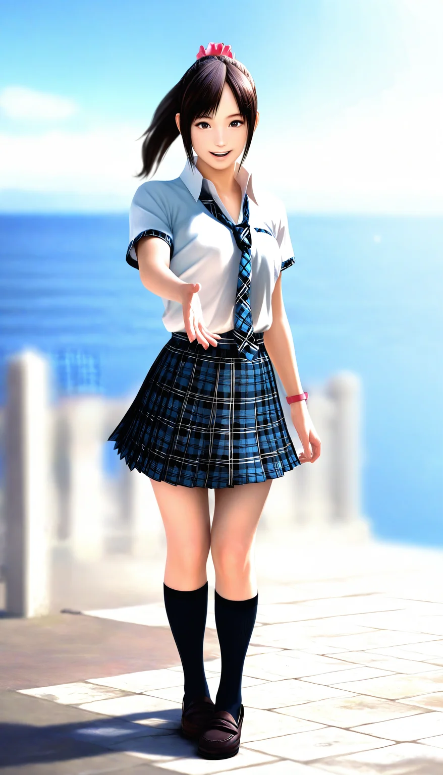 masterpiece,best quality,amazing quality,
<lora:miiyamotohikariNAI:1>,miiyamotohikari,realistic,
1girl,solo,black hair,ponytail,bangs,pink scrunchie,brown eyes,white collar shirt,blue plaid skirt,blue plaid necktie,red wristband,black kneehighs,brown loafers,standing,full body,parted lips,flowing hair,smile,reaching out,knee together,looking at viewer,day,sea,soft lighting,bloom,light particles,
