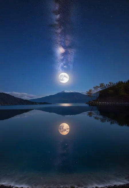 ocean, stars, moon, calm, birds, palm trees, beach, reflections, water tides, 8k, highest resolution, masterpiece, night, fireflies, villa, lights, cloud, cherry blossom, day, fantasy, fish, lake, landscape, high snowy mountain, no_humans, ocean, outdoors, river, scenery, sky, splashing, water, watercraft, waterfall, waves, ultra realistic, photorealistic, sea, ocean, (reflection), (ray tracking), (unreal engine), (Japanese), top view, high elevation, (water reflection), (clear water), photorealistic, 8k, unreal engine, super great 3d render, 3d, 3d ray tracking, liquid, super high quality, (super close look at water), Milky Way, Night sky, Painstaking Attention To Details