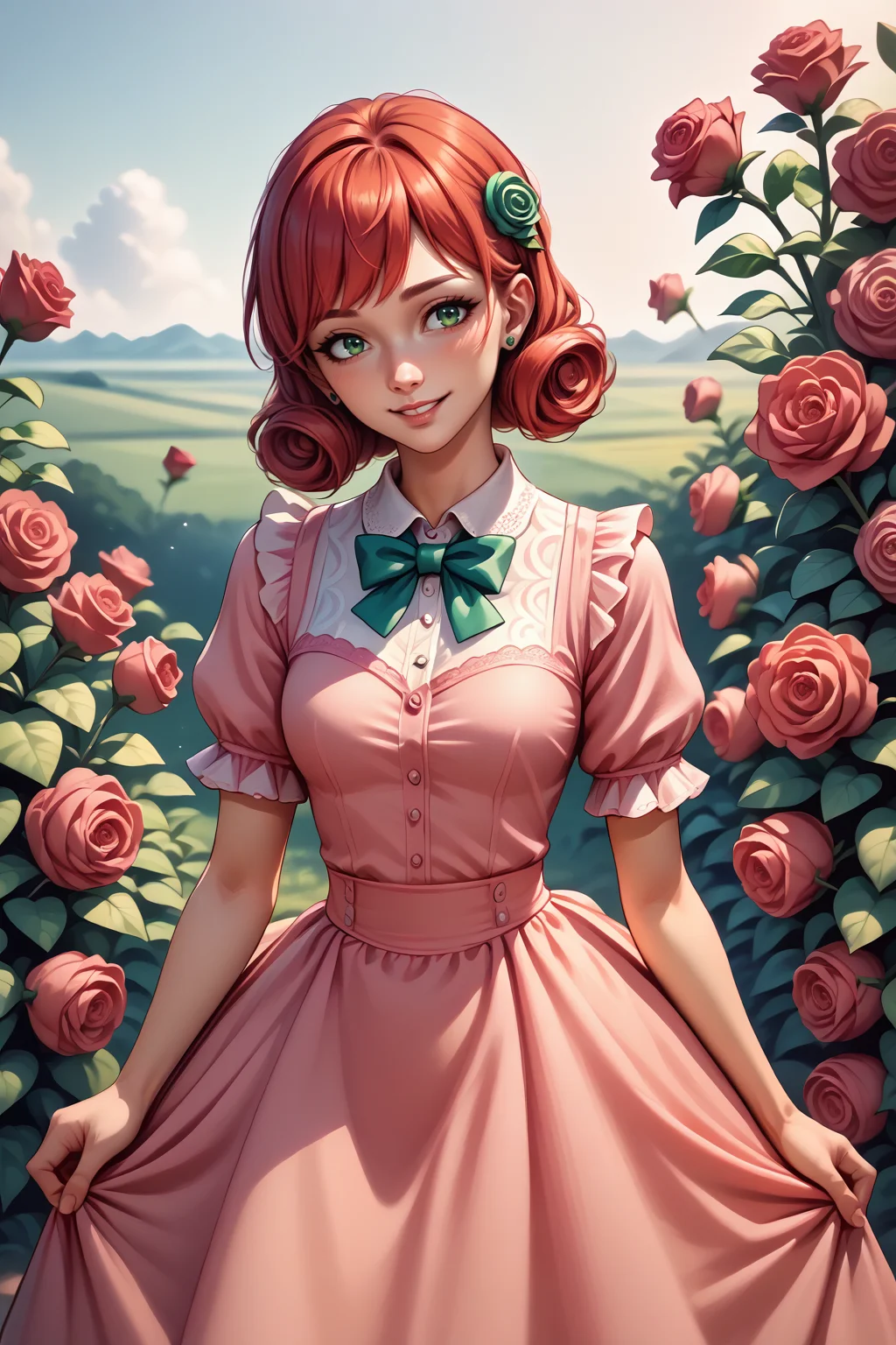 source_anime, score_9, score_8_up, 1girl <lora:NSPennyStardew:1> NSPennyStardew, green eyes, short hair, red hair, earrings,frilly dress, pink dress, hair decoration, bowtie, smile, rose bushes background, pink background, outdoors, curly hair