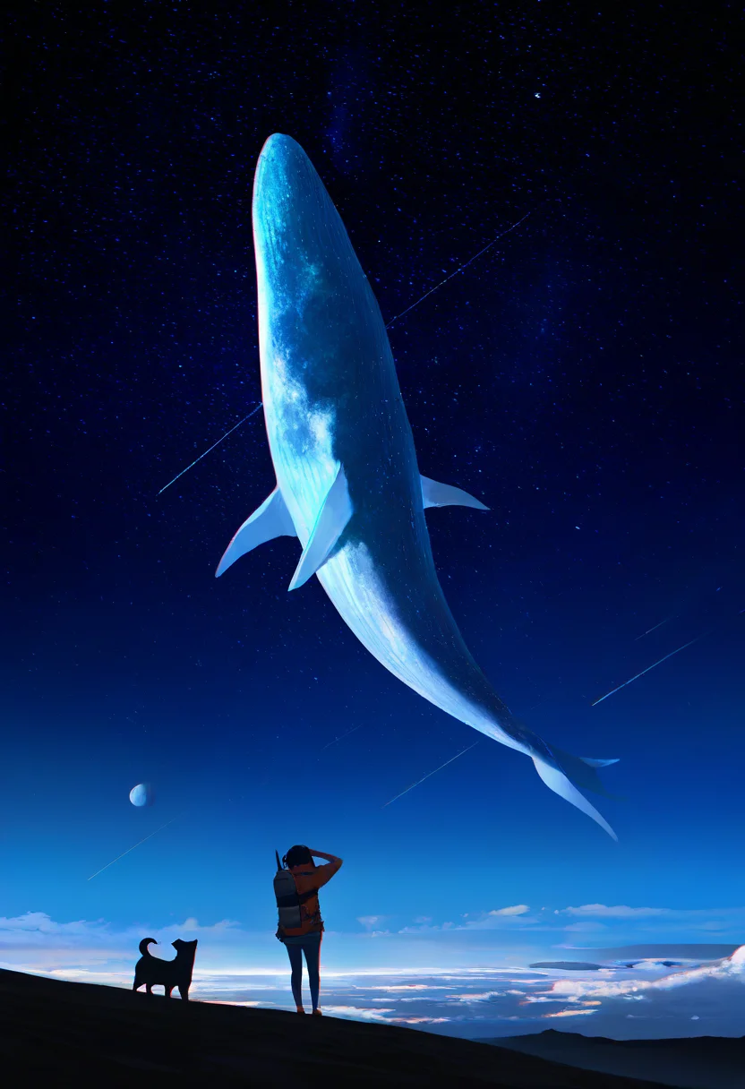 <lora:misaka-gou_s62:1> chromatic aberration, 1girl, hand on own head, dog, from behind, adventure clothes,
very wide shot, scenery,
sky whale floating in the air, 2moons, starry sky,, masterpiece, best quality, newest, very awa, absurdres, highres