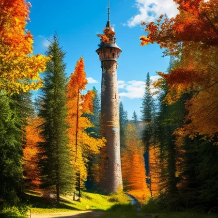 realistic analog photo, award winning photo, vary wide shot of stone witow tower:1.3, no humans, scenery, blue sky, auwo, in a autumn forest, dirt road, lush grassland, Wildflowers, nature, outdoors, RAW, highres, 8k, uhd, High Dynamic Range, tonemapping, crisp details,