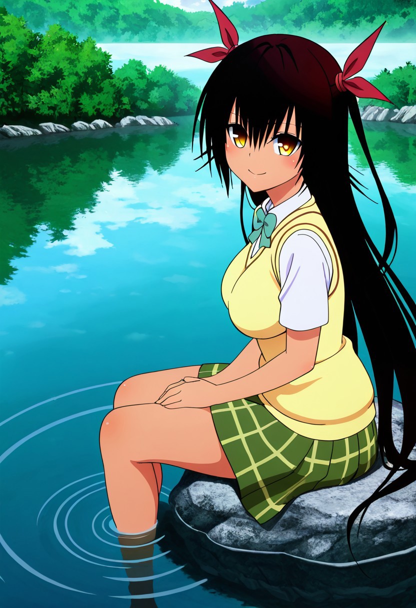masterpiece, best quality, medium breasts, anime screenshot, to love-ru, to love-ru darkness, absurdres, highres, smile, solo,
master_nemesis, nemesis, long hair, black hair, ribbon, twintails, hair ribbon, yellow eyes, dark skin, dark-skinned female, mature female, large breasts, anime screencap,
green skirt, plaid, plaid skirt, sainan school uniform, school uniform, skirt, sweater vest, yellow sweater, short sleeves,
sitting on a rock, lakeside, gentle breeze, reflective water, warm sunlight, relaxed expression, looking at viewer, smile, side view, from above, Sitting on a smooth rock by the crystal-clear lake, she leans back on her hands, letting out a soft sigh of contentment. The afternoon sun glistens on the rippling water, creating shimmering reflections that dance across her clothes. hair sways in the light breeze.