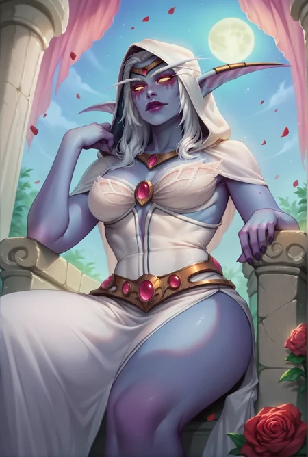 score_9,score_8_up,score_7_up,score_6_up,score_5_up,score_4_up <lora:neoartcore-lora_PonyXL01C:0.8> petals, hood up, sick, <lora:Saffy-Character-Azshara:0.8>,nelfazshara,night elf,colored_skin,blue skin,yellow eyes,large breasts,white hair,jewelry,throne,roses,trellis,moon,from from below,