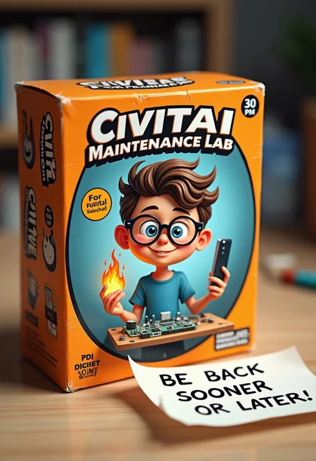 "Civitai Maintenance Lab"
The box features a nerd kid with round glasses holding a burning motherboard, sticker says 'Fix CIVITAI for dummies" The packaging is decorated with computer symbols, a paper notice beside the box mentions "BE BACK SOONER OR LATER"