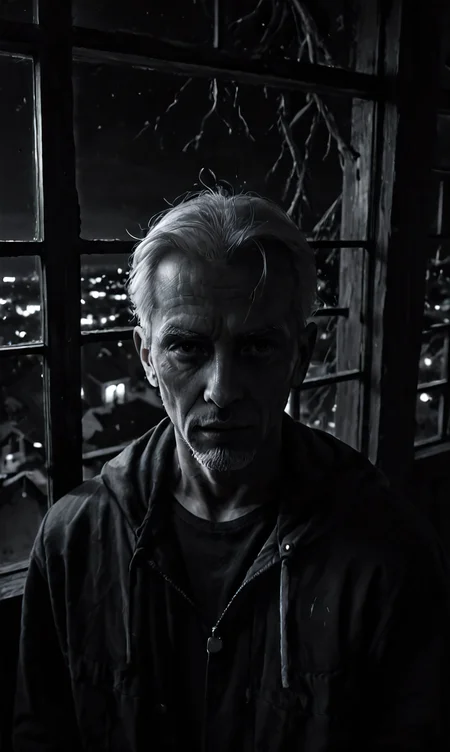 score_9, score_8_up, score_7_up, score_6_up, portrait photograph, from above, drkdl, low key, dramatic lighting, dark theme, black and white image of old man looking out a broken window, night view from outside,
