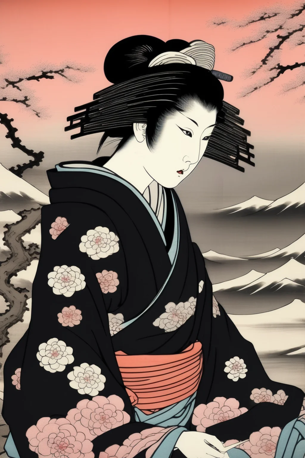 <lora:Ukiyo-e Art:1>Ukiyo-e Art - Ukiyo - e japanese samura in black and white with pastel colour hightlights