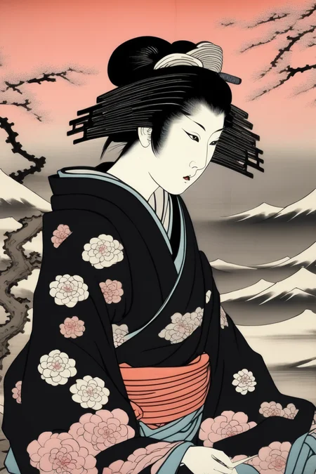 <lora:Ukiyo-e Art:1>Ukiyo-e Art - Ukiyo - e japanese samura in black and white with pastel colour hightlights