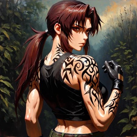 masterpiece, best quality, newest, absurdres, highres, GOTPV1.0, oil painting (medium), 
1girl, revy_(black_lagoon), ponytail, black gloves, black tank top, tank top, tattoo, tribal tattoo, shoulder tattoo, crop top, brown eyes, brown hair,