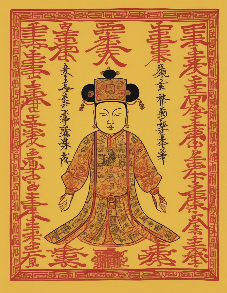 A photorealistic image of a portrait of a Chinese emperor, intricately detailed, printed on a sheet of yellow paper. The paper should appear aged and worn, with slight tears and creases to give it an antique look. The portrait should be surrounded by Chinese characters, written in a traditional calligraphy style. These characters could be poems, edicts, or any text that would be historically appropriate. The color palette should be rich and regal, with golds and reds to signify the emperor's status. The lighting should be soft and even, highlighting the texture of the paper and the details of the portrait and calligraphy
 <lora:cnrune:0.46>,