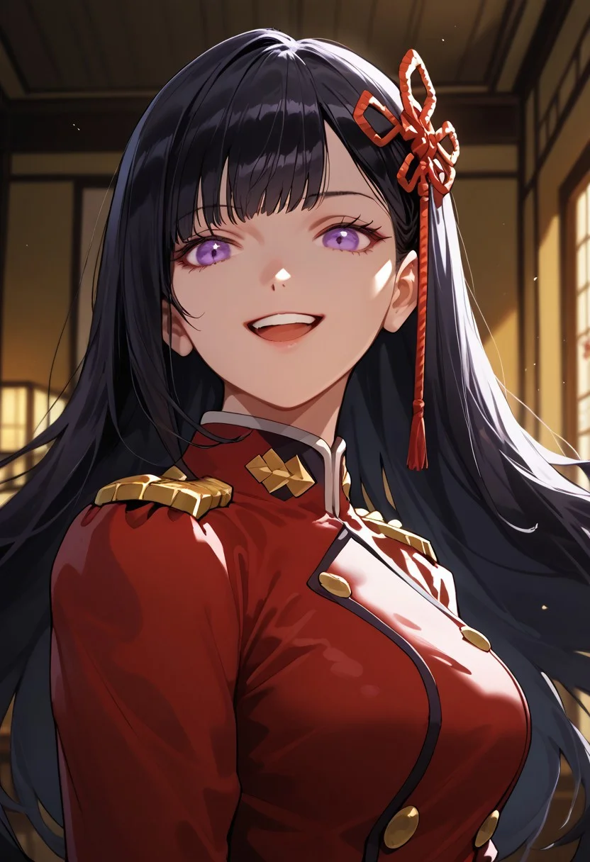 score_9,score_8_up,score_7_up,source_anime,REN_YAMASHIRO,1girl,solo,long hair,breasts,looking at viewer,smile,open mouth,bangs,black hair,hair ornament,purple eyes,jacket,upper body,teeth,from side,upper teeth only,red jacket,epaulettes,