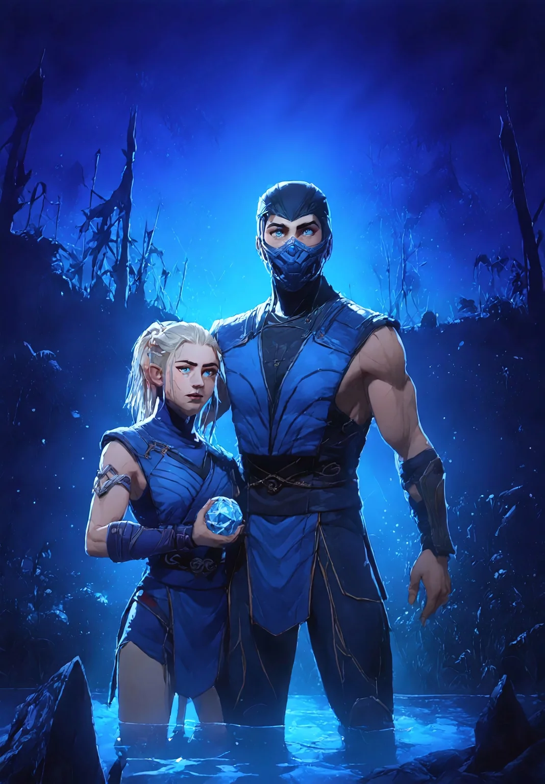 ((cowboy shot viscore_9, score_8_up, score_7_up, BREAK source_anime, source_cartoon, Sub-Zero, ninja 1boy with a mask, blue eyes, casting an ice spell, standing a a chinese temple in ruins, volumetric lighting, volumetric shadows, blue armor, A moonlit lake, with fog rolling over the water and mysterious shapes beneath the surface, holding an ice ball,<lora:Scorpion1995-1024:0.8>