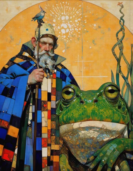 Steve McDonald Art. This is a digital painting featuring a fantastical scene with a hermit and a giant frog. The hermit, an elderly man with a long white beard and a weathered face, is dressed in a colorful, patchwork cloak that combines shades of blue, green, red, and yellow, with a pattern resembling a traditional quilt. He wears a tall, pointed hat adorned with a feather, adding to his whimsical appearance. The hermit is standing to the left, leaning on a staff, and a small bird perches on his shoulder.
The giant frog, which dominates the right side of the image, is a striking green with large, expressive eyes that take up much of its face. The frog's skin is textured with a mosaic-like pattern, giving it a lifelike quality. The background is a warm, golden-yellow, almost glowing, with a grid-like pattern that suggests a mystical or otherworldly setting. Tall, slender green plants with curving tendrils are visible in the lower right, adding to the natural, yet surreal, ambiance. The style of the painting is reminiscent of folk art with a modern digital twist, blending elements of fantasy and realism. <lora:Steve_McDonald:1.25>