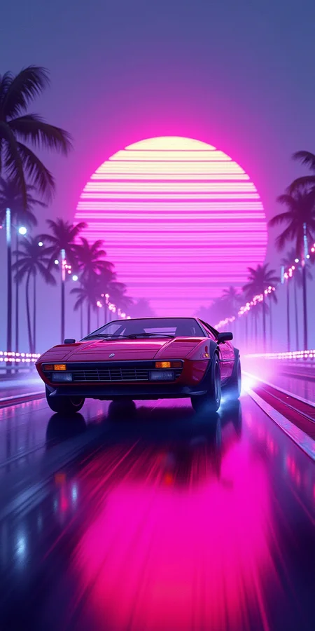 cinematic film still 80s synthwave, retro-futuristic, a classic 1980s sports car speeding around a neon-lit curve on a highway, with glowing palm trees lining the road. The scene is captured from a low-angle shot, emphasizing the sleek design and vibrant colors of the car, reflecting off the wet asphalt. The background features a neon sunset with horizontal lines, characteristic of the synthwave aesthetic, in vivid hues of pink, purple, and blue. The image is highly detailed with dramatic lighting, creating a sense of speed and motion. The artwork has a vaporwave vibe, combining retro and futuristic elements with bold, electric colors and a minimalist, sticker-like style on a white background. The atmosphere is surreal and cinematic, with sharp contrasts and intense glow effects, reminiscent of 80s digital art. This 3D render, illustration, is crafted with high resolution, capturing the essence of a synthwave cityscape in extreme detail and dynamic composition. 8k resolution with a focus on vibrant neon and striking details, evoking a nostalgic yet futuristic feel. <lora:FluxCyberpunkAnimeStyle.safetensors:1.0>, cyberpunk, anime, . shallow depth of field, vignette, highly detailed, high budget, bokeh, cinemascope, moody, epic, gorgeous, film grain, grainy