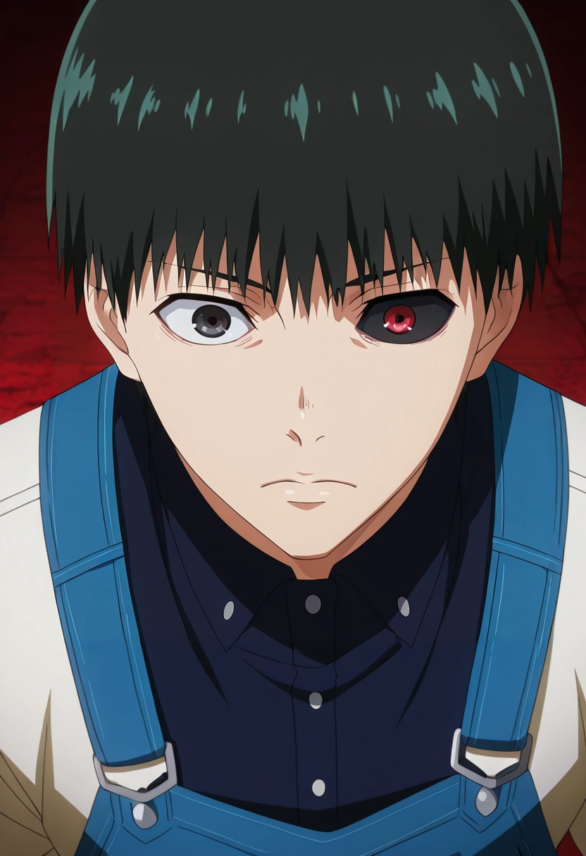 masterpiece, best quality, , anime screencap, anime coloring, official style, , 1boy, solo, male focus, <lora:ken_kaneki_ilxl:0.98>, ken_kaneki, black hair, black eyes, short hair, bangs, , , colored sclera, black sclera, red eyes, heterochromia, , overalls,