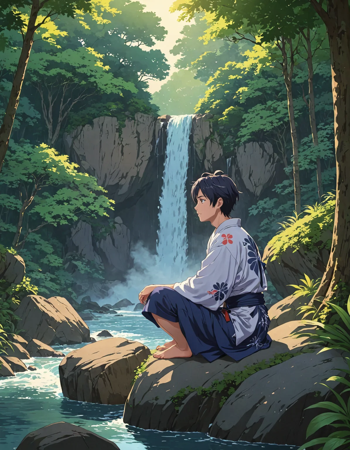 2D anime style, anime screencap, calm twilight scene, young man in yukata sitting on a rock by a waterfall, soft warm light, lush forest with detailed foliage, surreal twilight sky with fantastical colors and shapes, intricate shadows and reflections, peaceful ambiance, high quality, ultra-detailed, cinematic, trending on artstation
