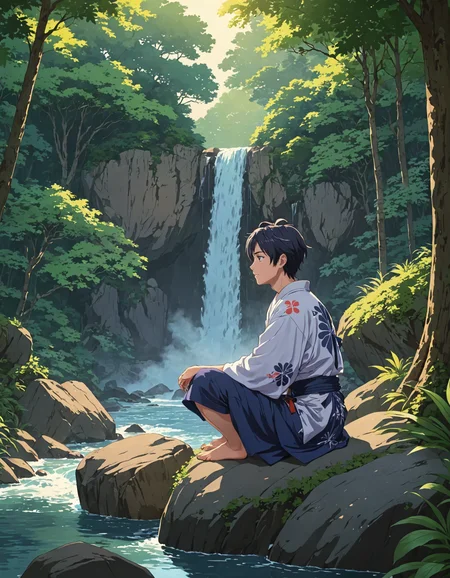 2D anime style, anime screencap, calm twilight scene, young man in yukata sitting on a rock by a waterfall, soft warm light, lush forest with detailed foliage, surreal twilight sky with fantastical colors and shapes, intricate shadows and reflections, peaceful ambiance, high quality, ultra-detailed, cinematic, trending on artstation