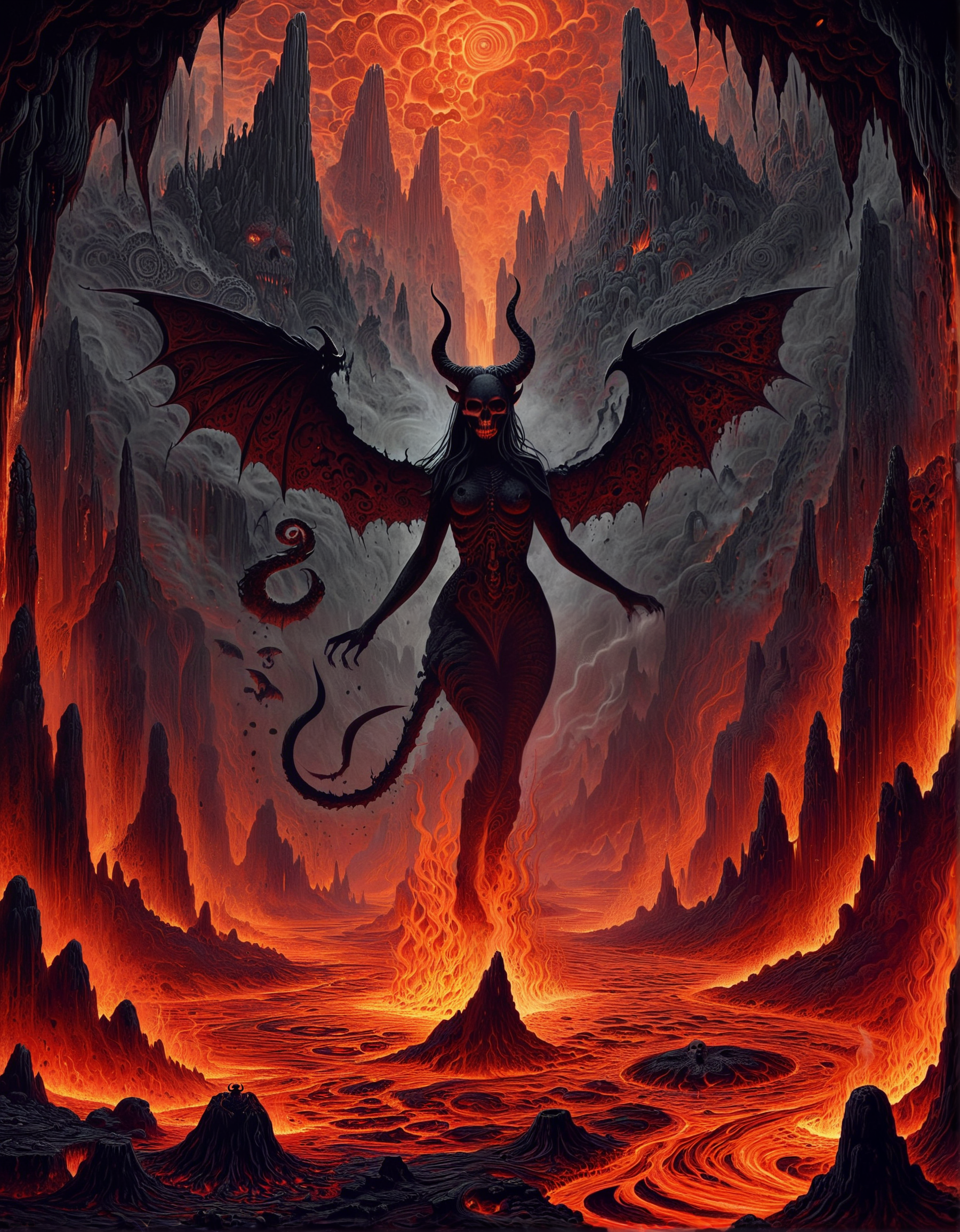 trippy artwork, illustration, abstract, 1girl, demon, horns, tail, wings, perfect body, pretty face, flying through hell, lava flows, rock columns, gigantic cave, bones, skull, ancient black monuments and ruins and structures, lavafalls, smoke, ash particles, ash layer, demonic vegetation, mandala, dark, eerie, high contrasts