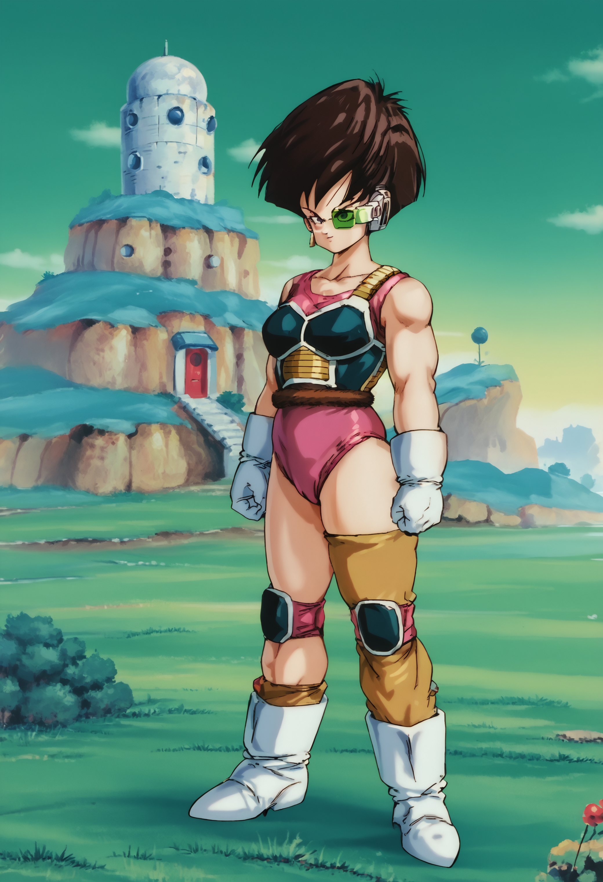 score_9, score_8_up, score_7_up, source_anime <lora:NamekPony:0.8> namek, building,house,outdoors, blue grass, tree,green sky 1girl, full body <lora:Fasha:1.0> fasha, saiyan armor, gloves, boots, short hair, monkey tail, (pink leotard), eyewear BREAK muscular, sideview, <lora:DragonBallSeason1_v3:0.6>, drgbls1