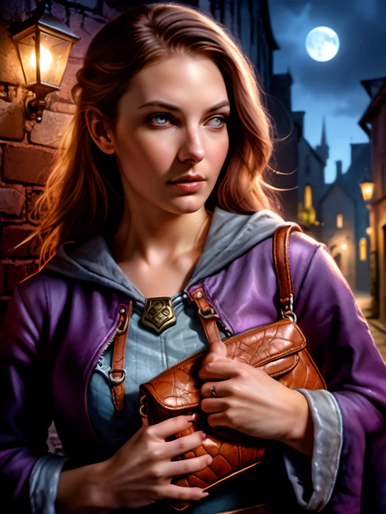 bgport style, realistic, photo, detailed pastel oil painting illustration, close up focus, light leak,
female rogue holding a purse close to her chest, night time, dark alleyway, medieval city
<lora:bgportrait4:.5>