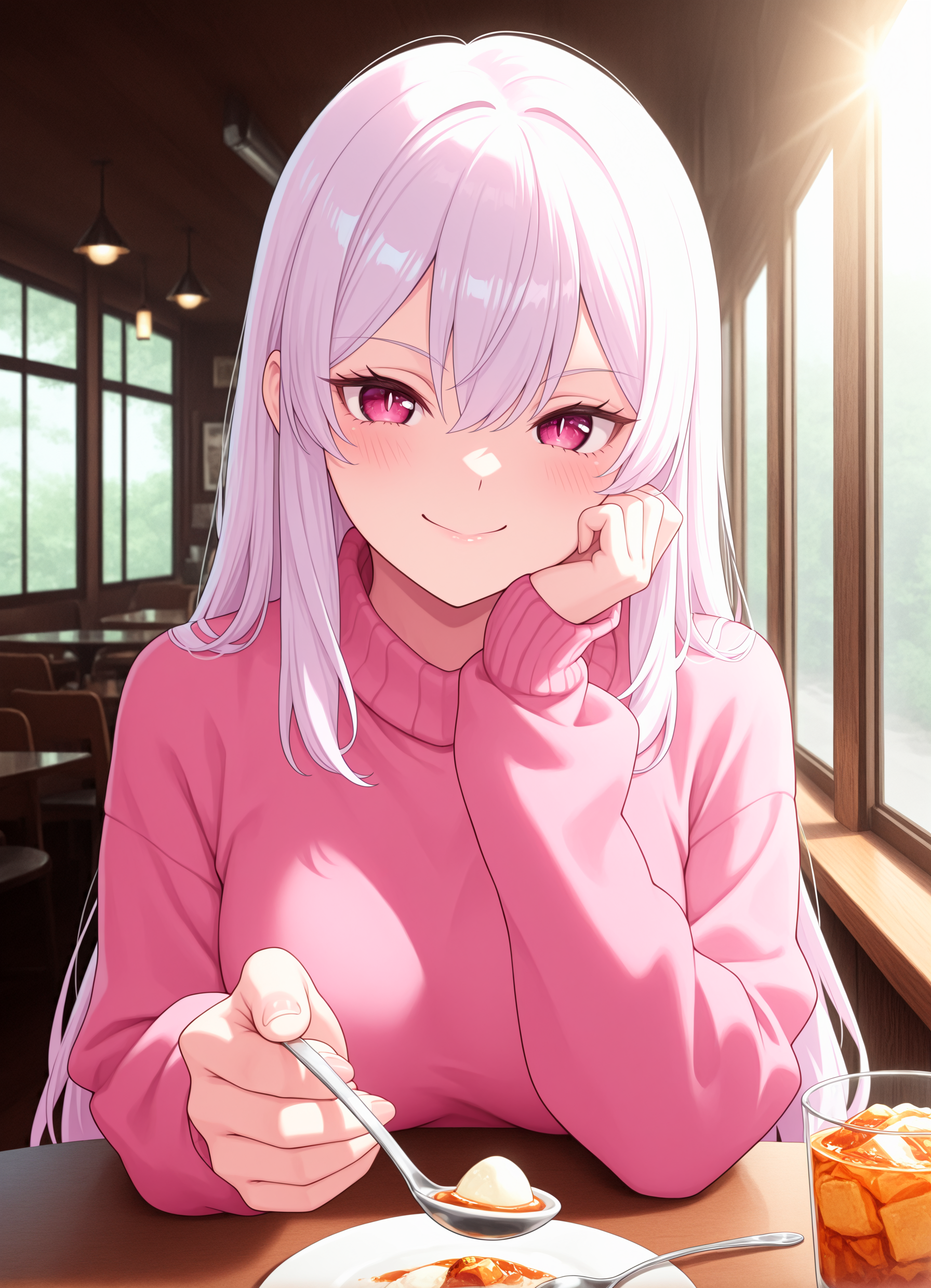 1girl, <lora:kyoukauz_sn40:1>, kyouzen, pink sweater, restaurant background, table, sunlight, glass panels, pov, feeding spoon to viewer, smile,
high resolution, ultra-detailed, absurdres, masterpiece, best quality, good quality, newest,