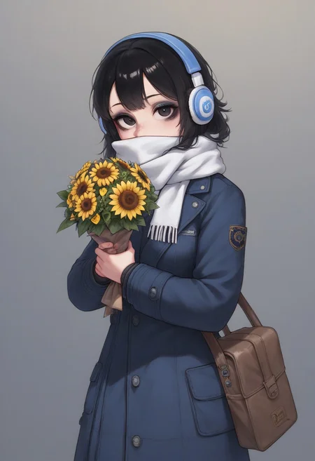 Egirl, score_9, score_8_up, best quality,heavy life like texture and proportion,thick outline illustration,1girl, bag, bag charm, black coat, black eyes, black hair, blue coat, bouquet, brown bag, cellphone, charm \(object\), coat, covered mouth, earmuffs, flower, headphones, holding, holding bouquet, holding phone, looking at viewer, phone, rose, scarf, selfie, smartphone, solo, stuffed toy, sunflower, white scarf, winter clothes, winter coat, yellow flower
red duotone, makeup, dynamic pose model shooting
hero, contrast