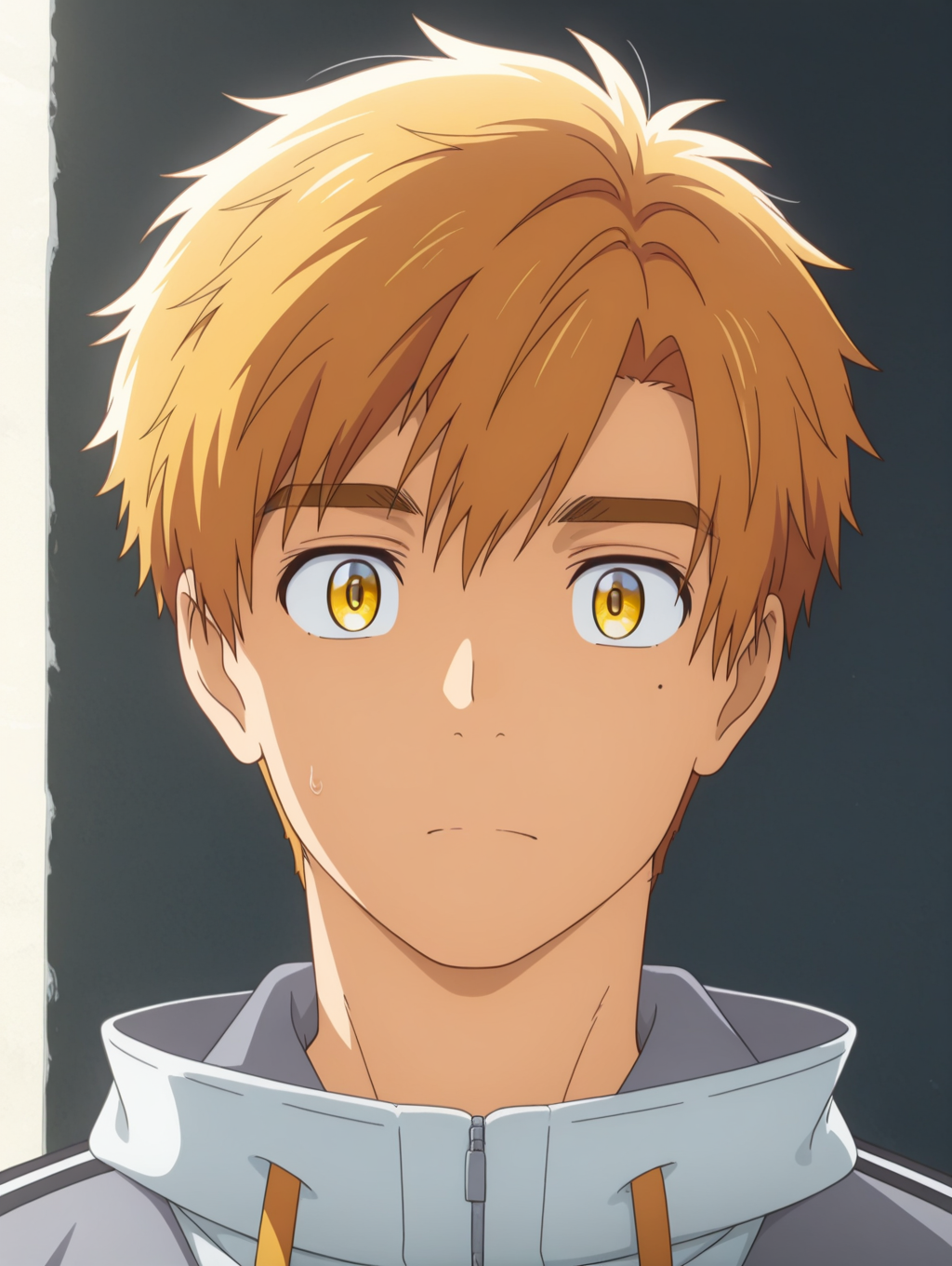 masterpiece, best quality, amazing quality, 1 boy, solo, male focus, Shuji Minamito, short hair, mole under eye, yellow eyes