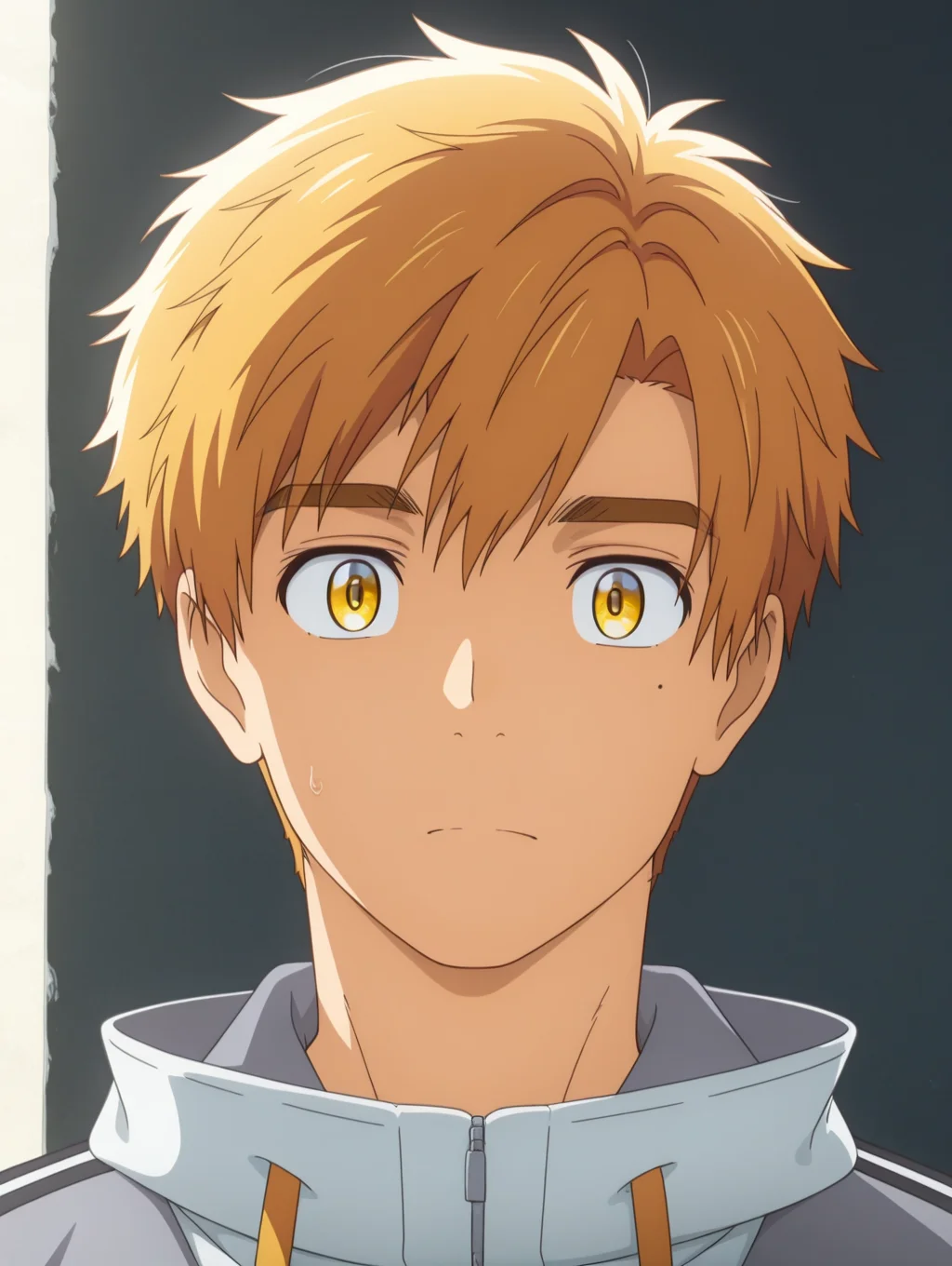 masterpiece, best quality, amazing quality, 1 boy, solo, male focus, Shuji Minamito, short hair, mole under eye, yellow eyes