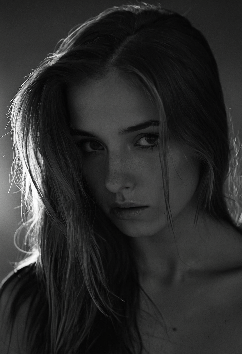 Black and white photo in the style of Alessio Albi, 20 year old beautiful stunning woman, dark blond hair falling down over her shoulders, highlights in her hair, closeup, cinematic composition, cinematic lighting  intense shadow play, bleak, post-apocalyptic, somber, dramatic, highly detailed, bokeh